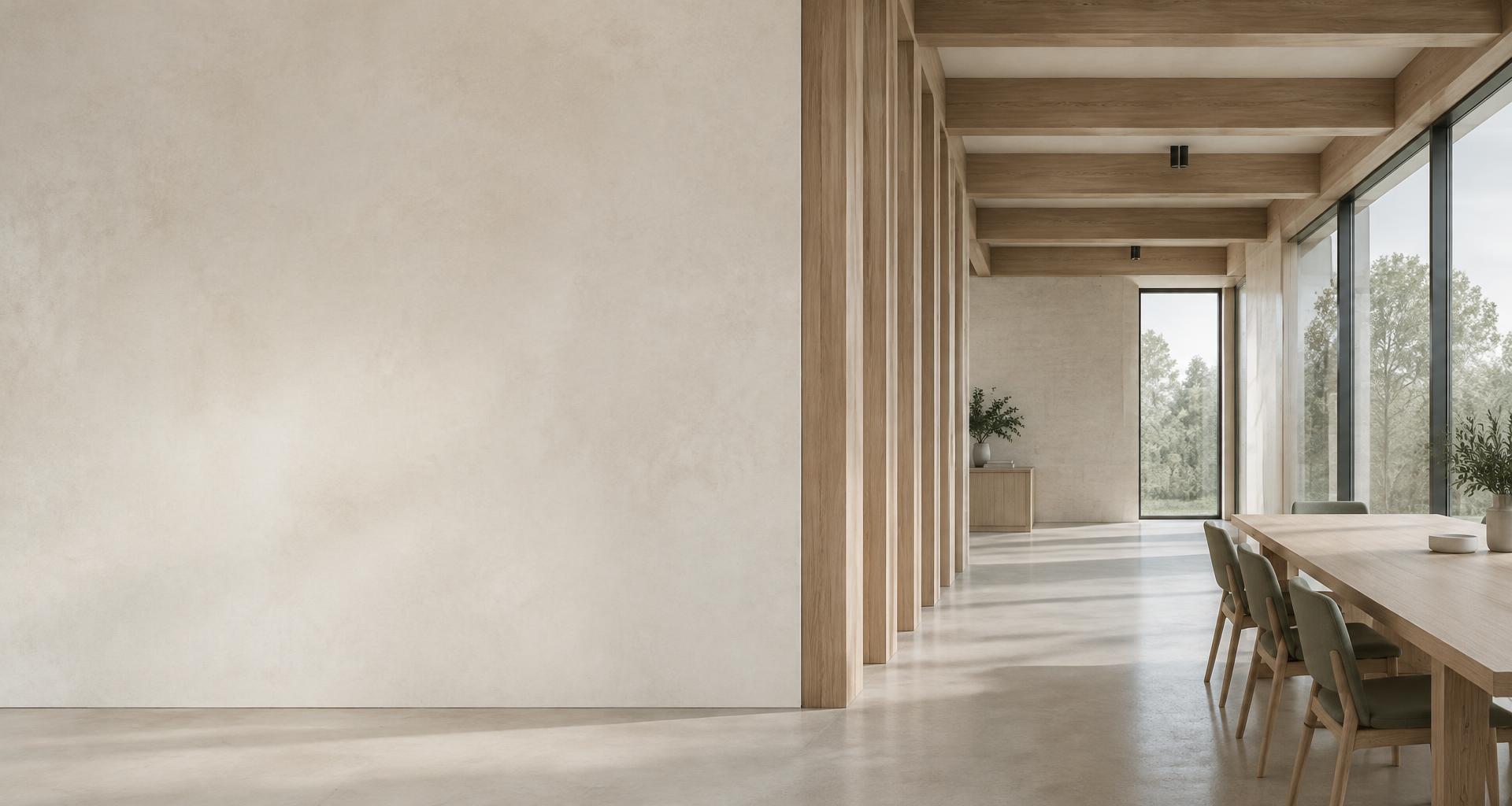 Quiet commercial workspace with natural materials and views of trees